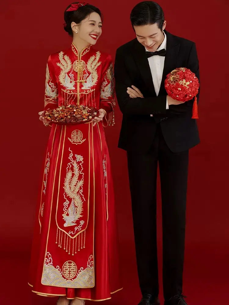 Red Traditional  Chinese Wedding Dress  phoenix  Qun Kwa for bride 