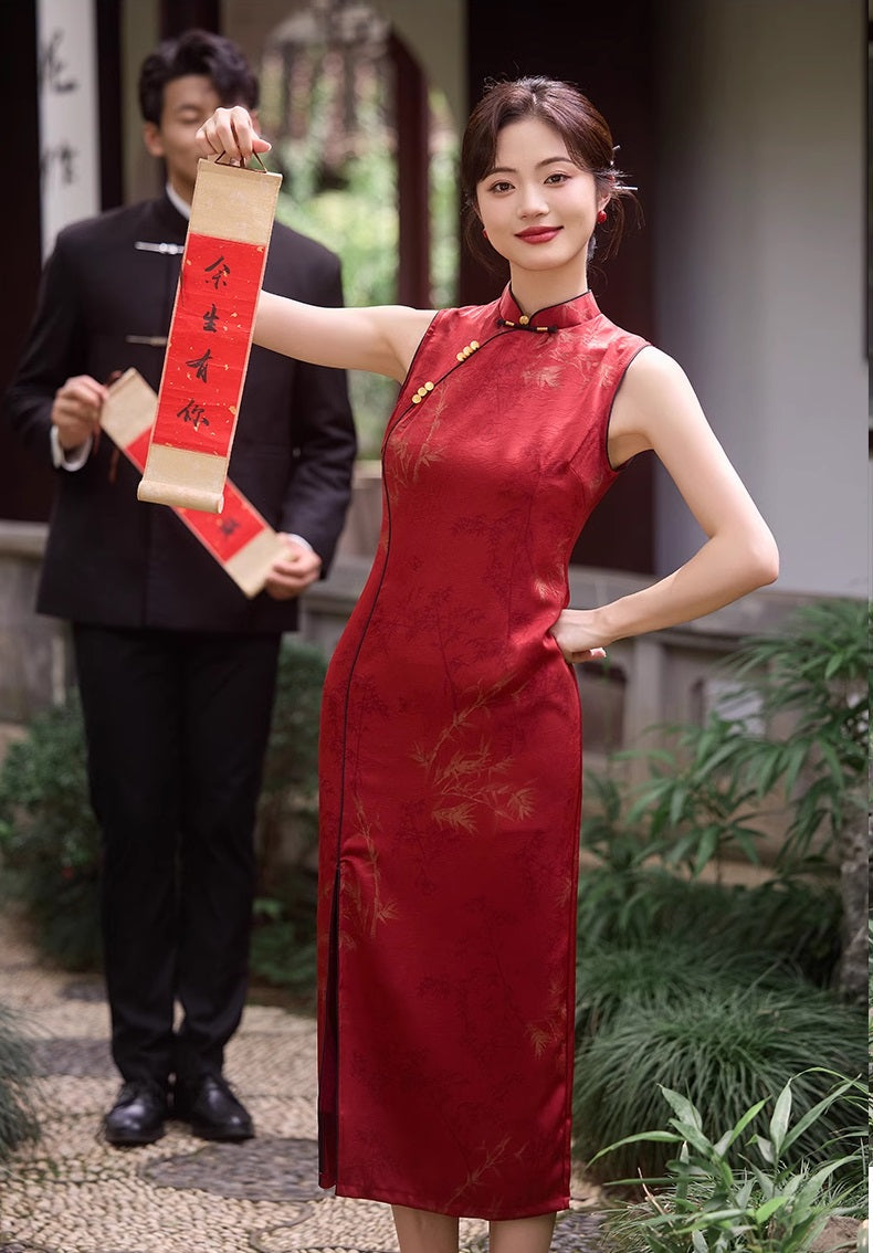 Red Jacquard Sleeveless Qipao Cheongsam Dress| Bamboo Leaves