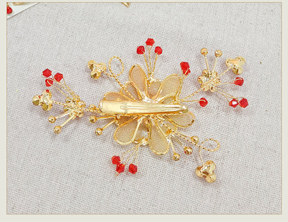 Red & Golden Oriental Chinese bridal flower  Hairpiece