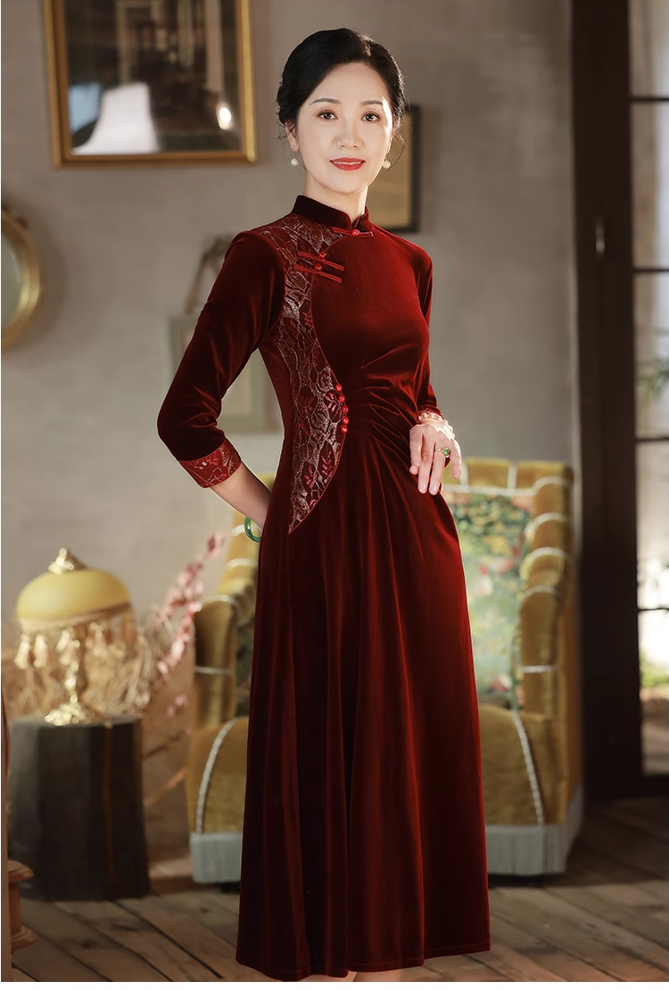 Modernized Chinese Long Sleeves A-Line Velvet Cheongsam Qipao Dress