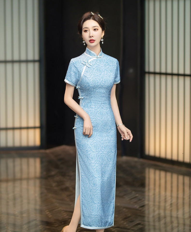 modern chinese Blue Floral Cheongsam Qipao Dress full body