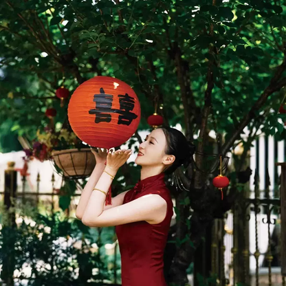 Chinese double happiness wedding red lantern on tree