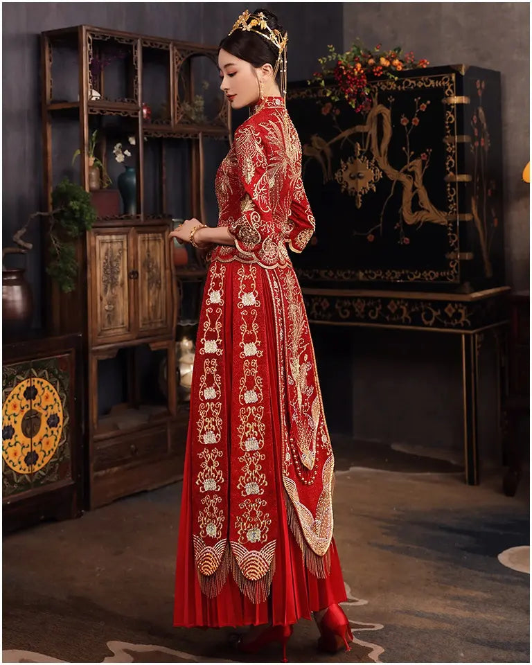 Traditional Chinese Wedding Dress - Red & Gold Phoenix Qun Kwa Gown |Prosperity Traditional Chinese Wedding Dress - Red & Gold Phoenix Qun Kwa Gown |Prosperity