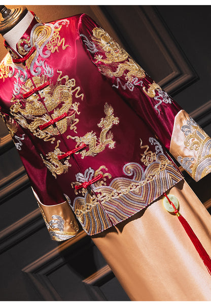 Traditional Burgundy Gold  Groom Dragon Tang Suit (Ma Gua)