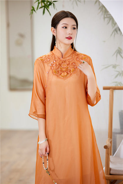 Orange Embroidered Loose Cheongsam Qipao Dress | Ember