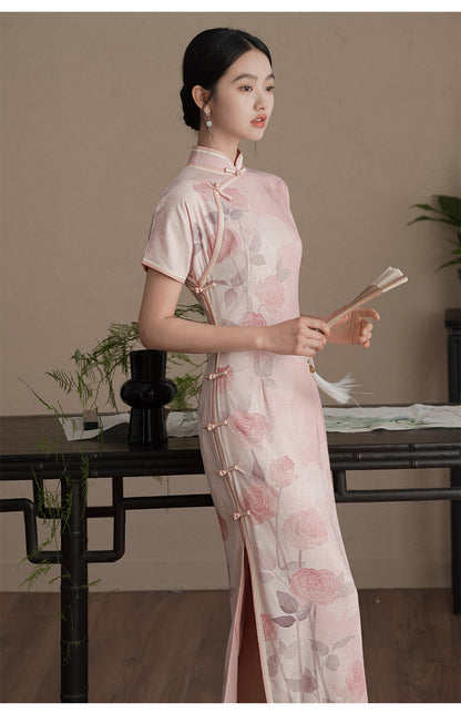 Short  Sleeves pink rose printed qipao cheongsam dress full length side