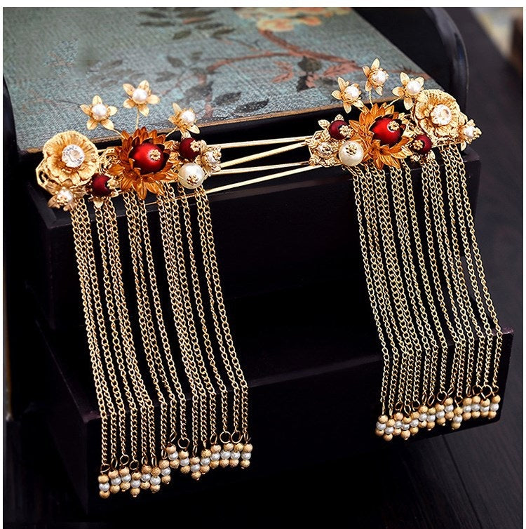 Traditional chinese bridal gold and red  hair pieces