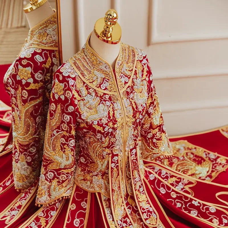 Red and gold  traditional Chinese Wedding pheonix  Qun Kwa Dress