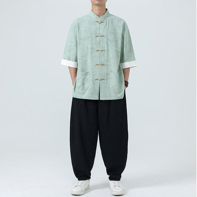 Men's Modern Chinese Style Half Sleeve Tang Suit Shirt