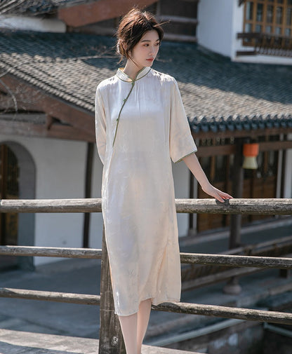 Robe Qipao Cheongsam ample en jacquard blanc ivoire
