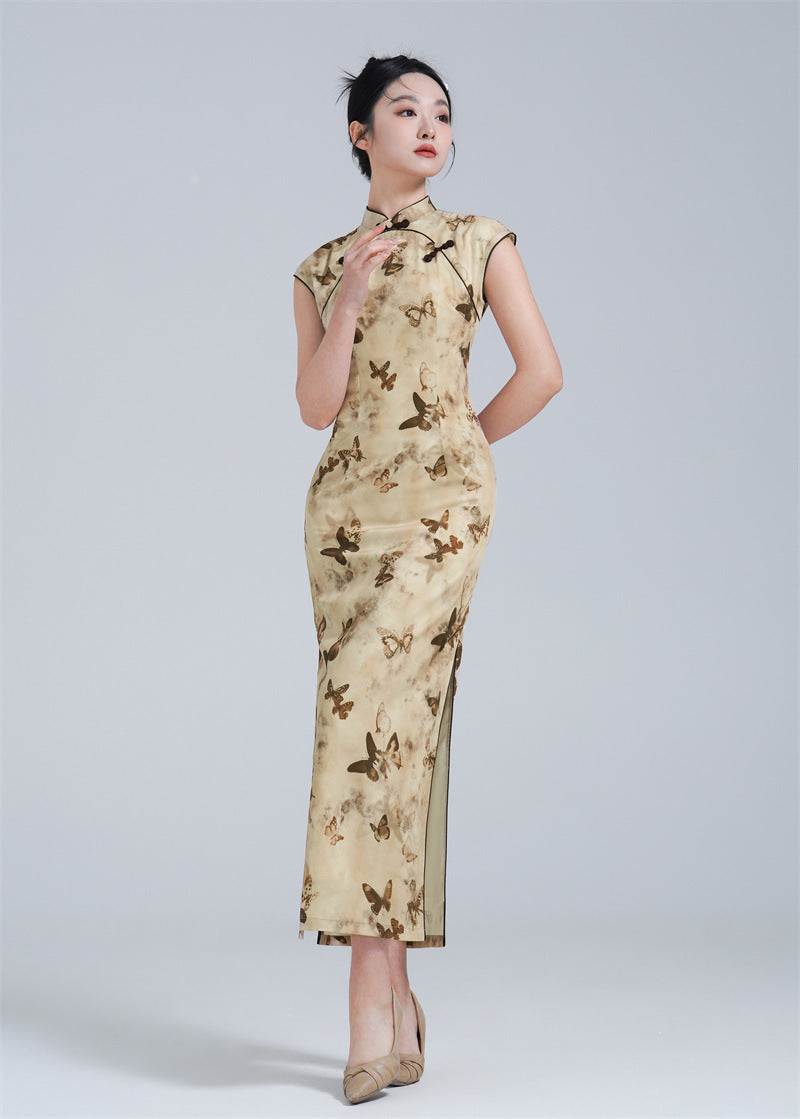 Beige Butterfly Print Qipao Dress