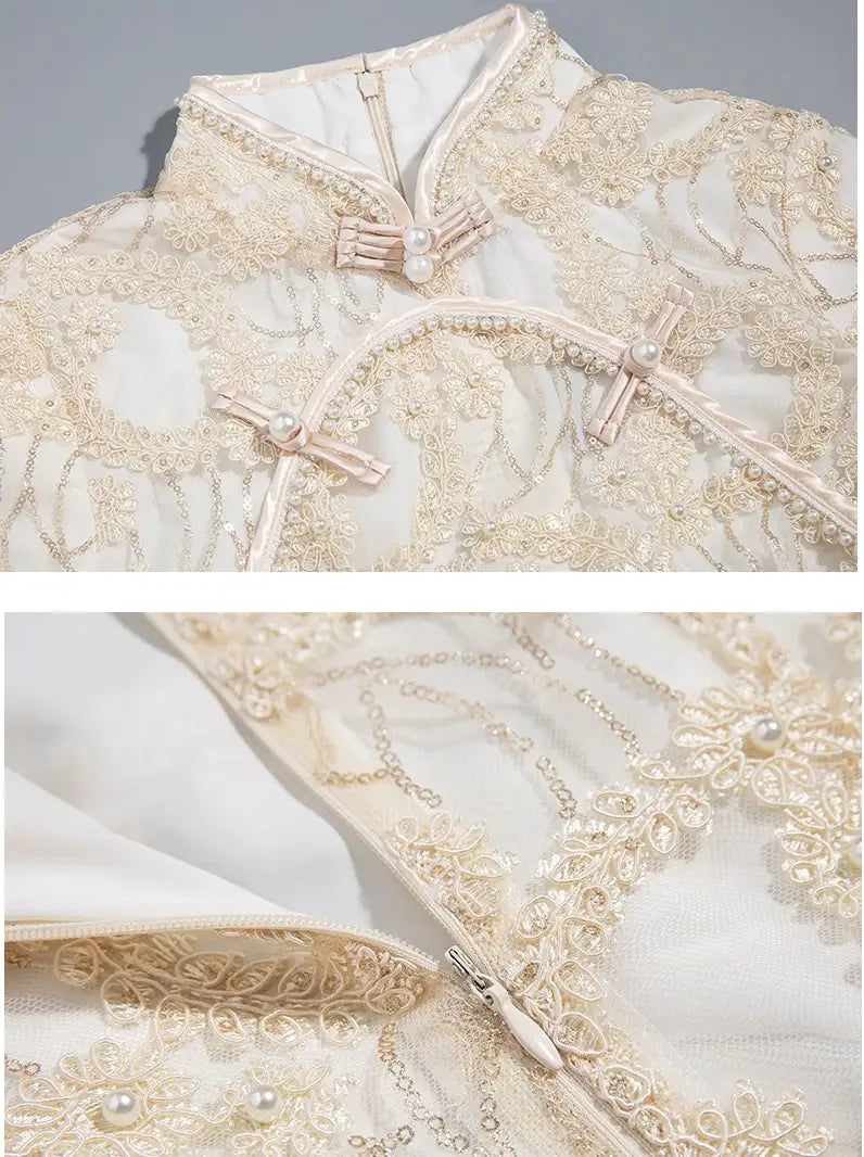 Robe qipao/cheongsam en dentelle blanche ivoire | Pearly