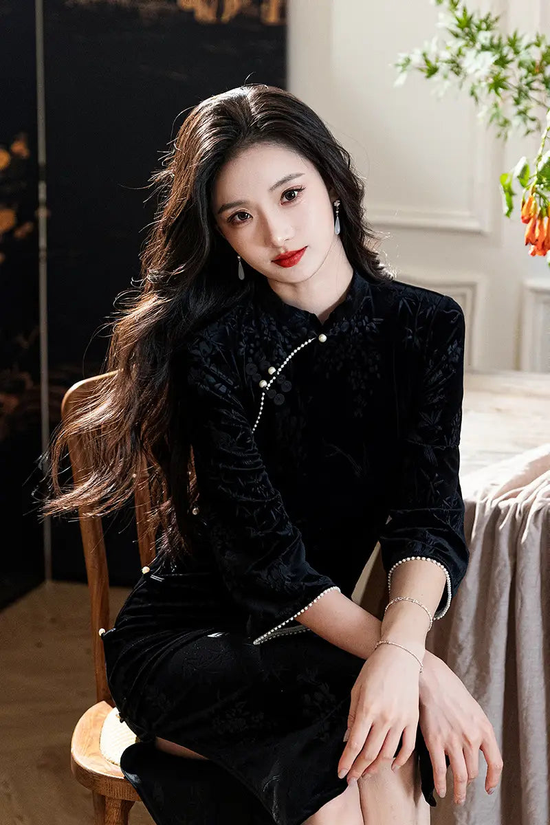 Black/Blue 3/4 Long Sleeves Velvet Jacquard Qipao with Pearl Trim