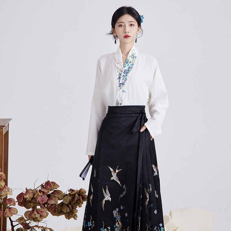 Black Floral Ming-style MaMian Skirt and Cross-collar Blouse