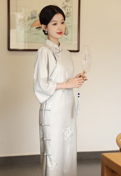 Light Blue Long Sleeves Lace jacquard Cheongsam Qipao Dress