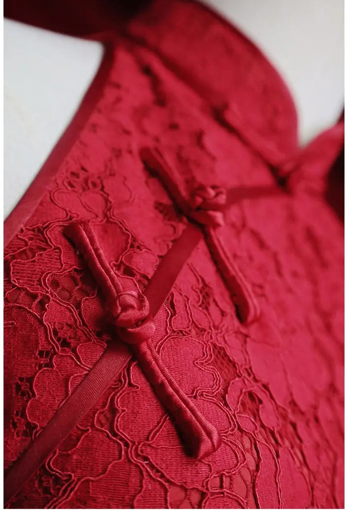 Red Halter Lace Cheongsam Qipao Dress