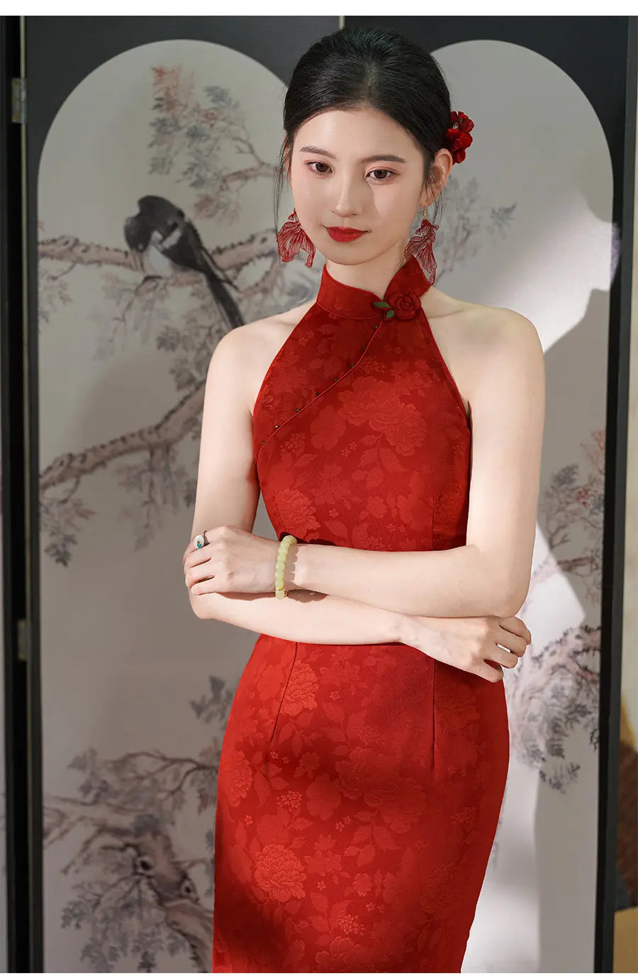 Red Floral Jacquard Halter Modern Bridal Qipao Dress