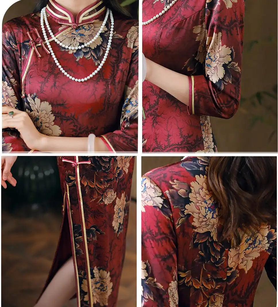 Red 3/4 Long Sleeves Floral Silk Qipao | Peony