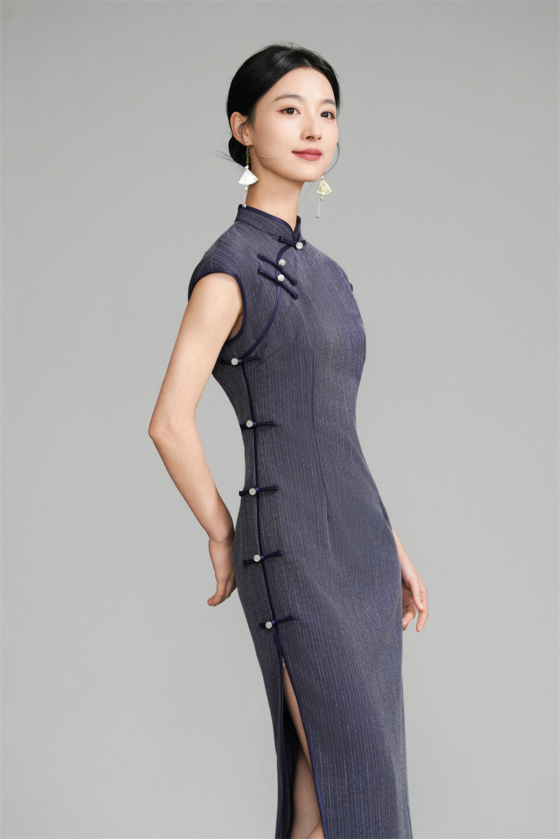 Cap Sleeve Qipao Dress With  Pinstripe pattern