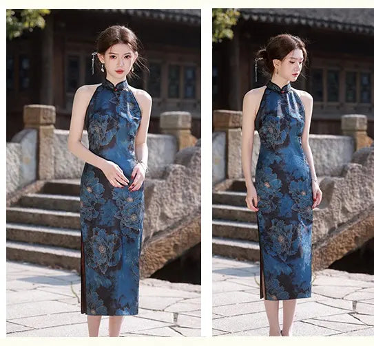 Blue Floral Halter Qipao Cheongsam Dress | Midnight Blossom