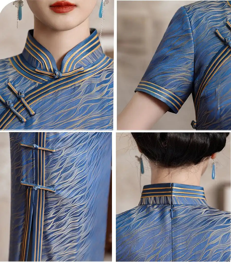 Blue Mulberry Silk Qipao Dress with Golden Trim