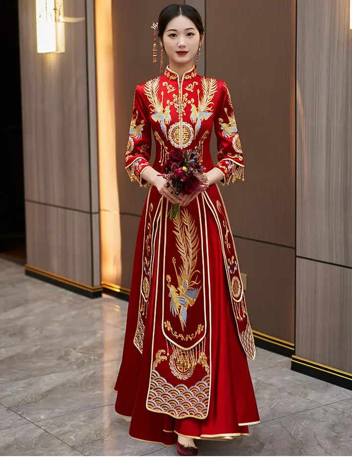 Traditional Red Chinese Bridal Xiuhe Phoenix Wedding Gown