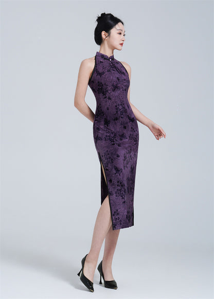 Purple Halter Neck Velvet Qipao with Butterfly Print