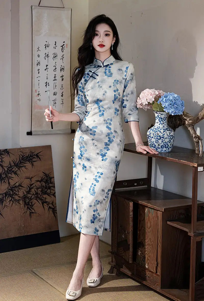 Blue/Green Plum Blossom Long Sleeves Qipao Cheongsam Dress