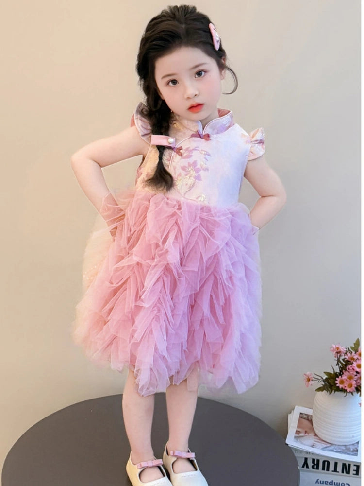 Robe Qipao moderne en tulle rose à fleurs pour filles