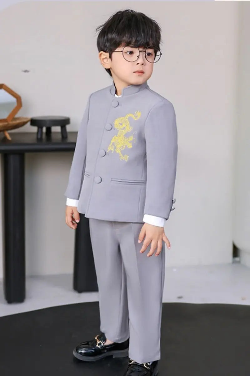 Boys' New Chinese Style Dragon Embroidered Zhongshan Suit Set