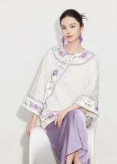 Neue Bluse und Rock im chinesischen Stil mit elfenbeinfarbenem, lila Kragen