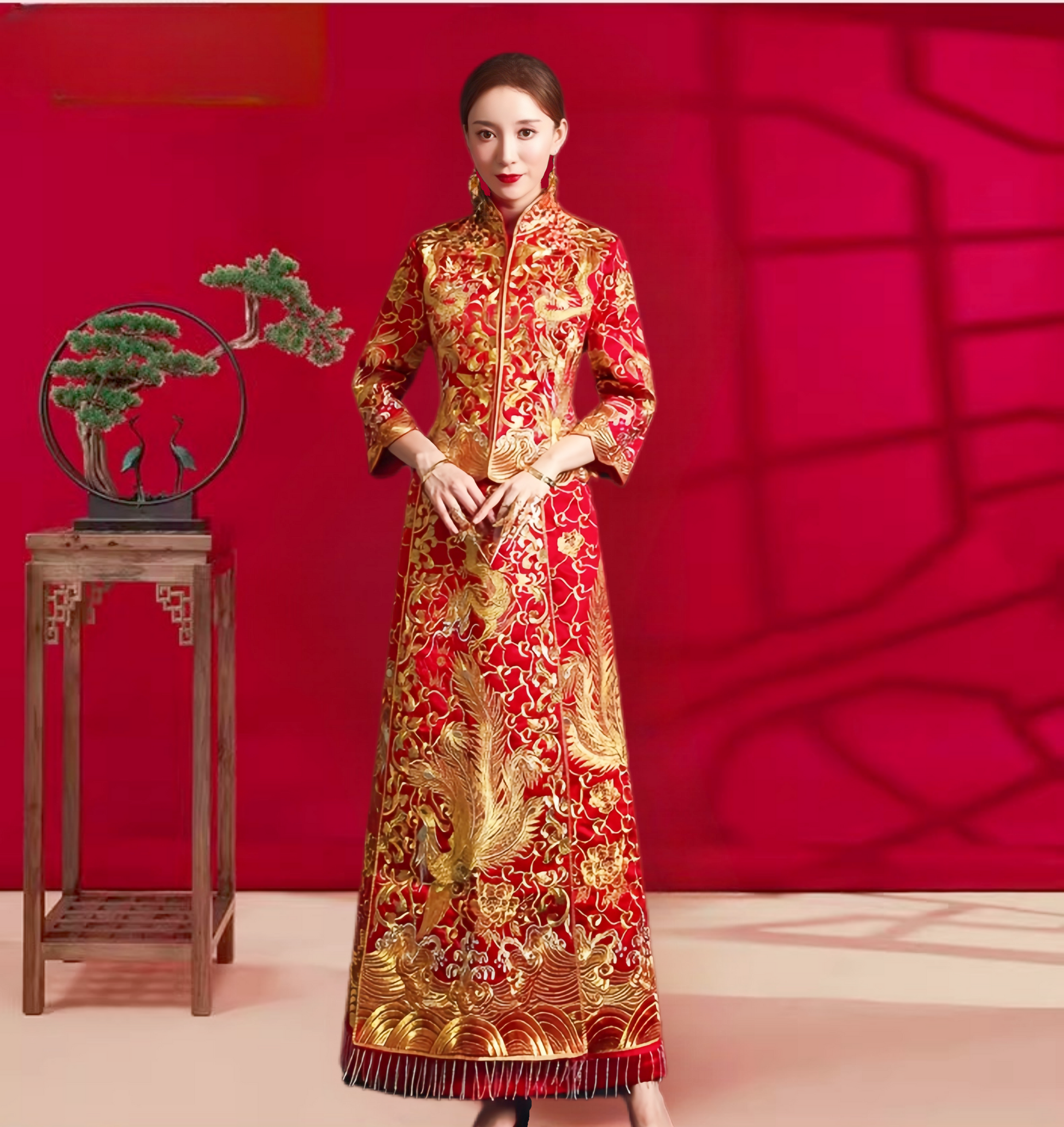 Traditional chinese wedding dragon phoenix qun kwa dress