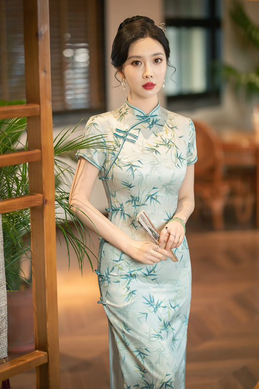 Chinese Green Bamboo Leaves Print Cheongsam Qipao Dress