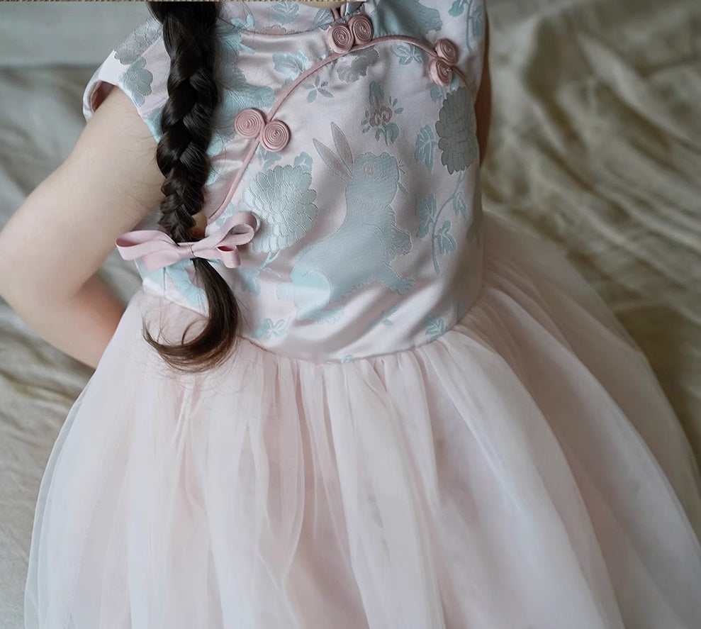 Robe Qipao Cheongsam en tulle satiné à fleurs roses pour enfant