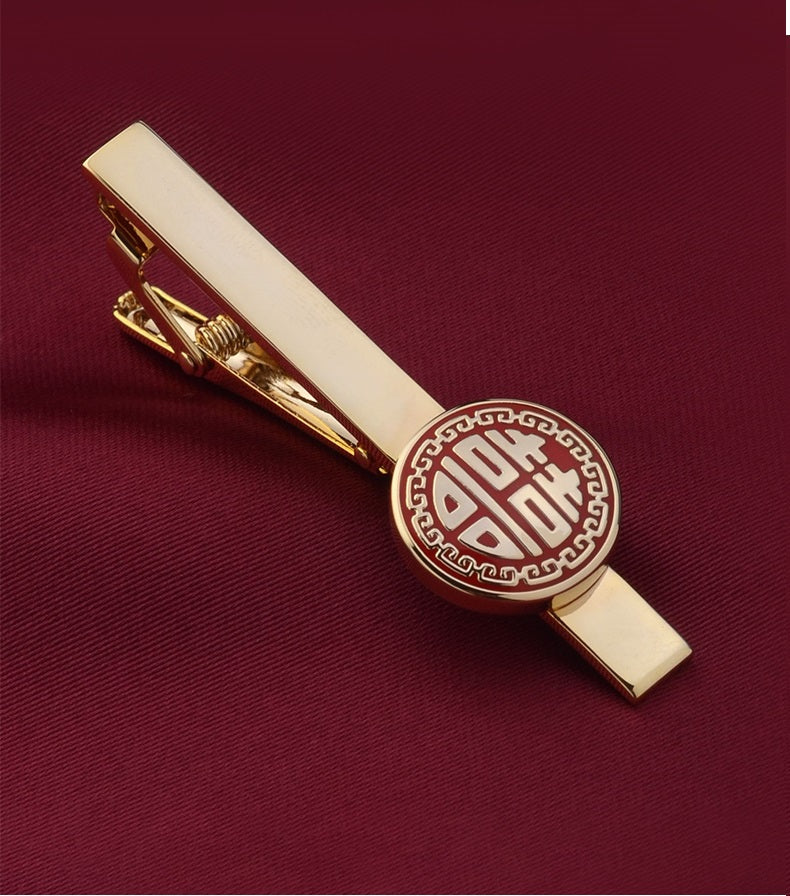 red Double happiness wedding cufflinks and tie clip for groom best men
