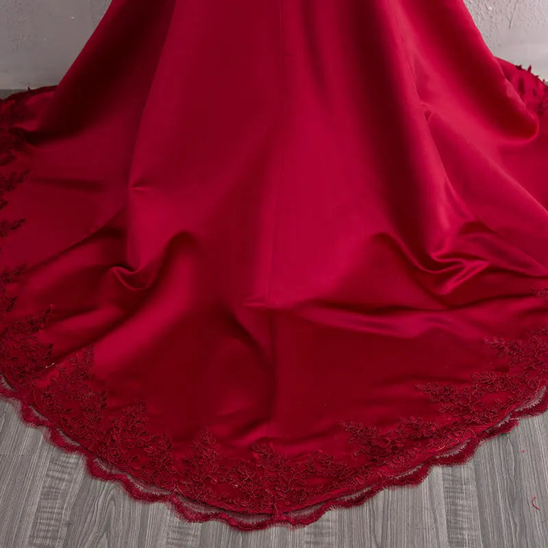 Red Chinese Wedding Qipao Cheongsam  Dress With Train