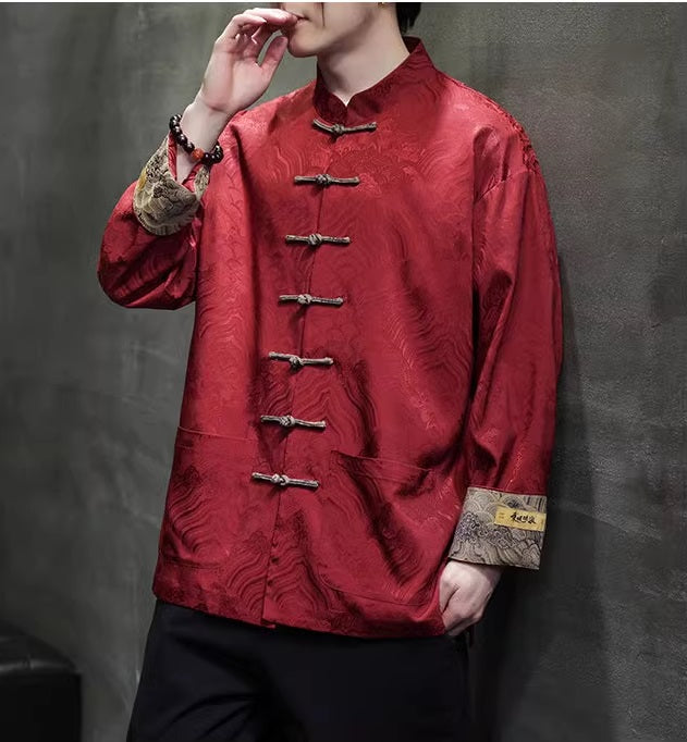 Model in Red brocade tang jacket side