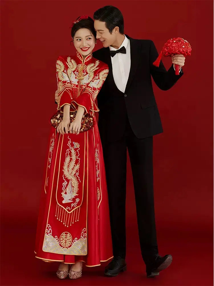 Red Traditional  Chinese Wedding Dress  phoenix  Qun Kwa for bride 