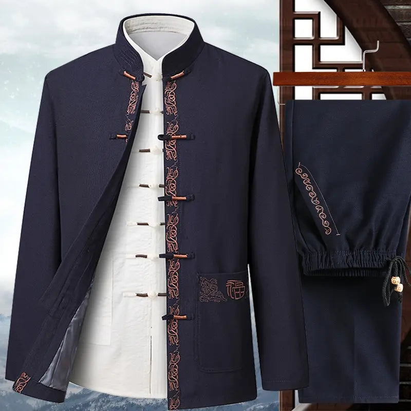Blue Traditional Chinese Mandarin Tang Jacket Suit