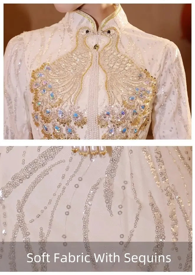 Ivory Sequin pheonxi bridal Cheongsam Qipao Dress for chinese wedding tea ceremony