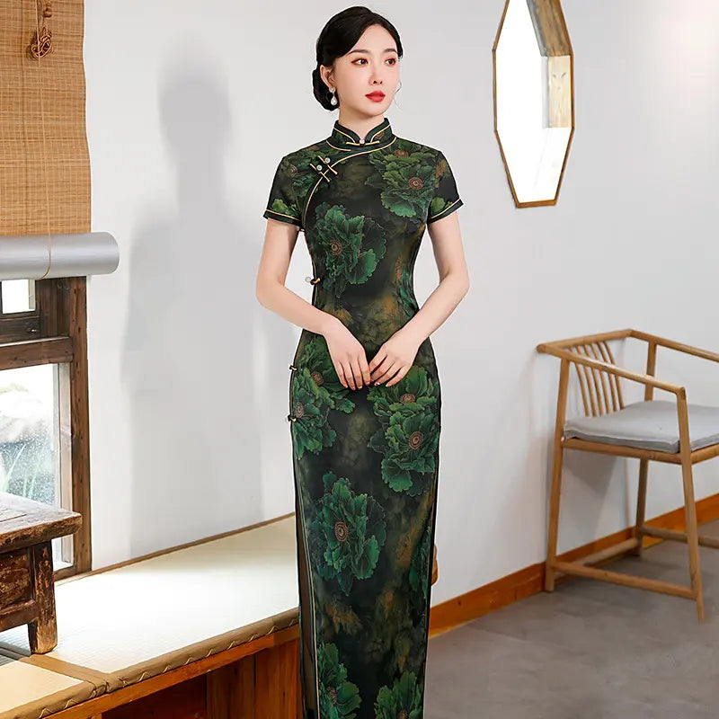 Dark Green  Floral Chinese Long qipao cheongsam Dress
