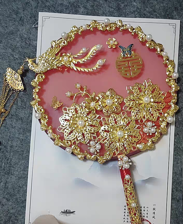 1 Red chinese bridal double happiness round hand fan