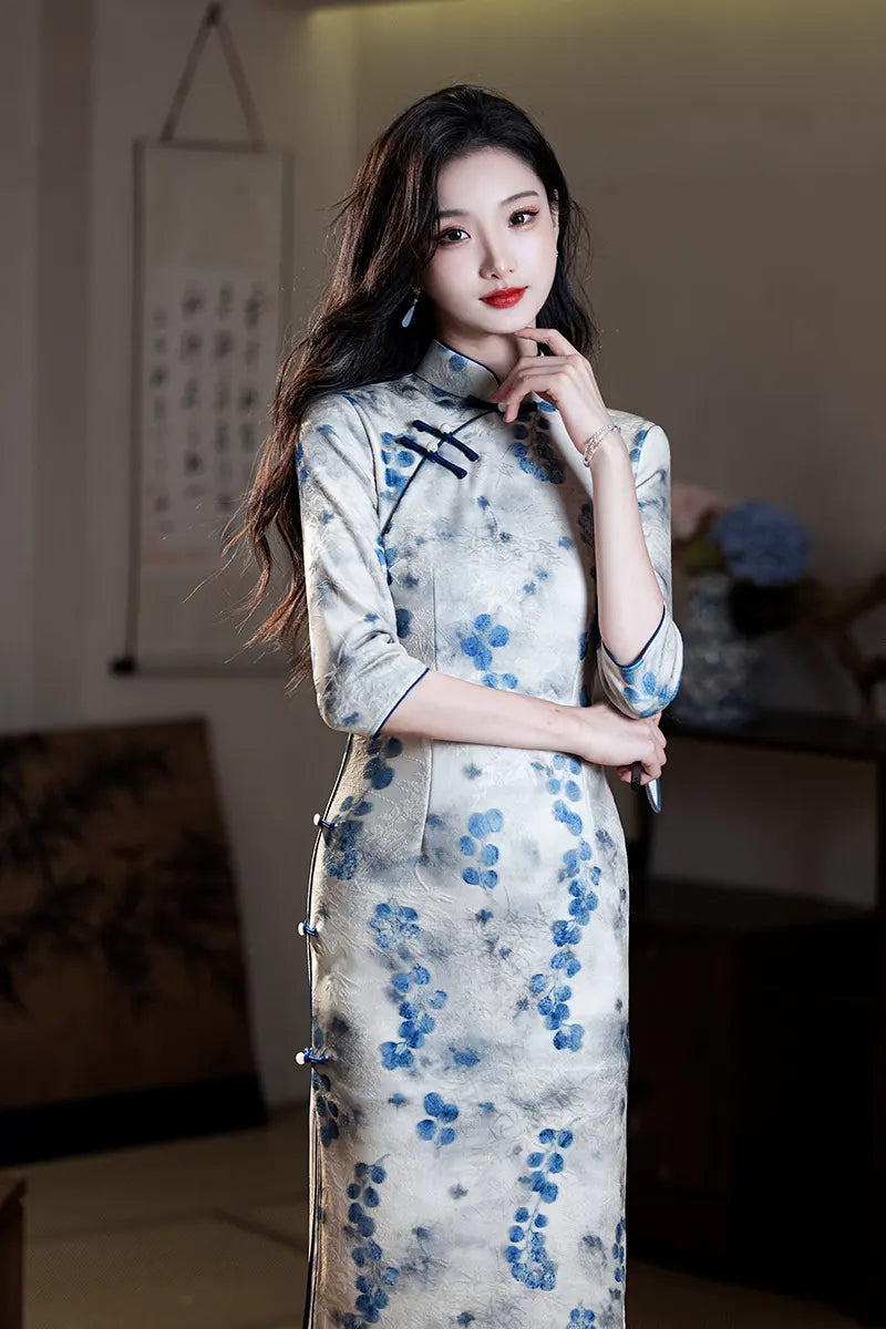 Blue/Green Plum Blossom Long Sleeves Qipao Cheongsam Dress
