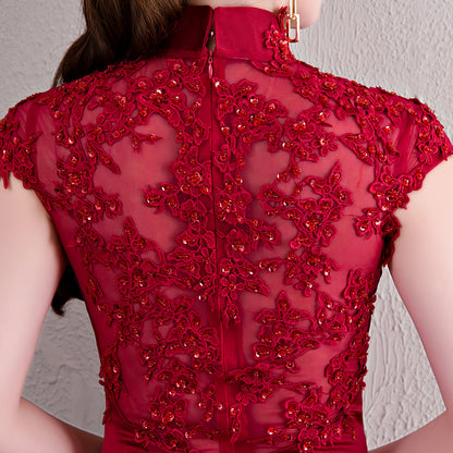 Model in Red bridal qipao cheongsam back detail