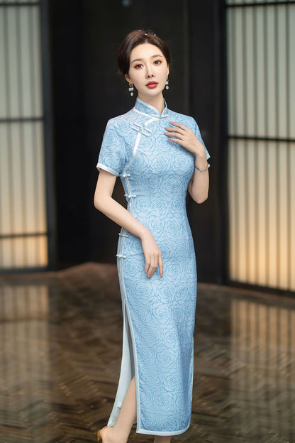 modern chinese Blue Floral Cheongsam Qipao Dress full body 1