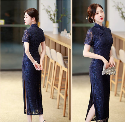 model in navy blue lace qipao cheongsam dress front back