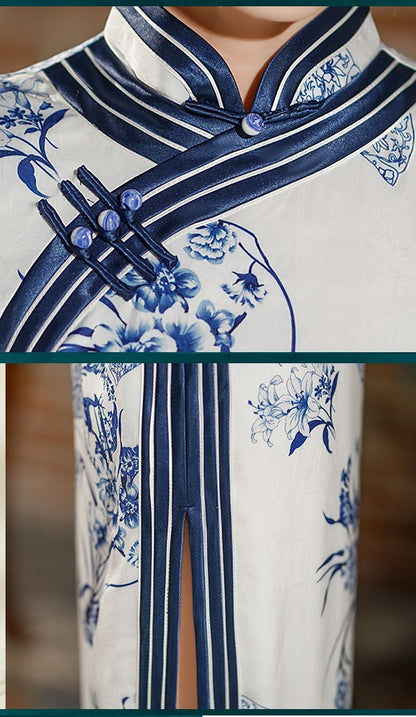 White Blue Cheongsam Qipao Dress| Daffodil