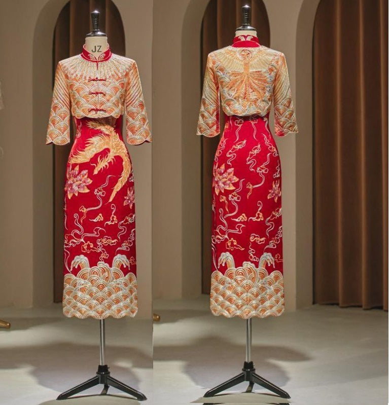 Chinese red and gold bridal wedding qipao cheongsam dress