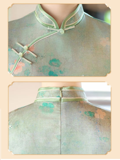 Chinese Short Sleeves Green floral qipao cheongsam dress details