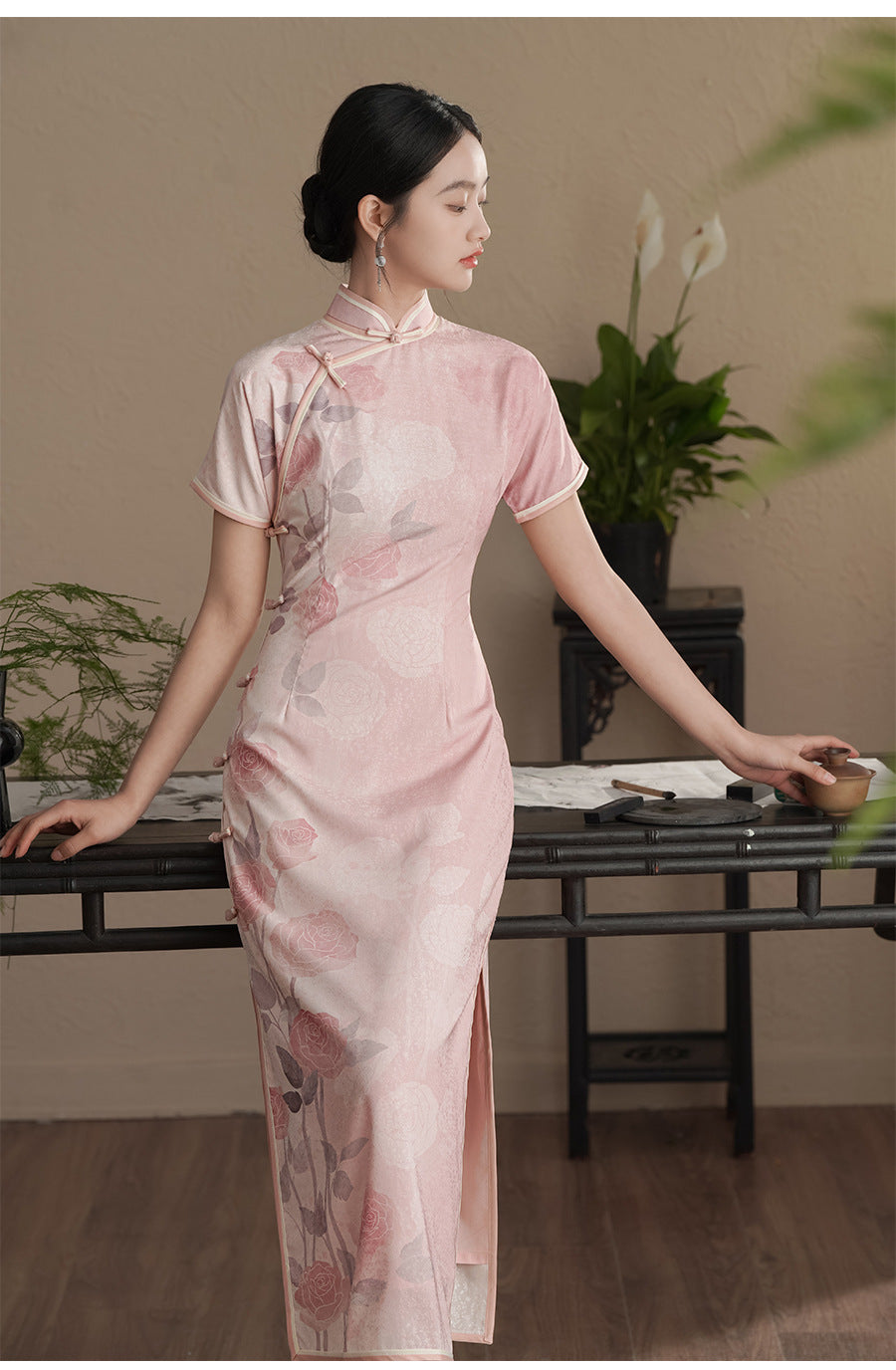 Short  Sleeves pink rose printed qipao cheongsam dress full length 